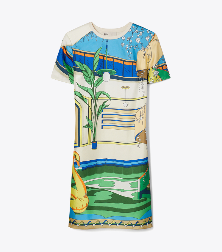 PRINTED SILK FRONT T-SHIRT DRESS